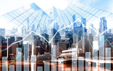 Stock market business concept. Financial graphs and digital indicators with modernistic urban area and skyscrapers as background. Double Exposure.