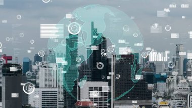 Akıllı şehirde küresel bağlantı ve internet ağı değişikliği. Gelecekteki kablosuz dijital bağlantı ve sosyal medya ağı kavramı .