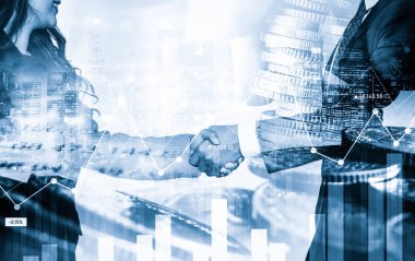 Ekonomik refah ve para teknolojisinin varlık geçmişi üzerine iş tokalaşması. Değerli borsaya yatırım yaparak ekonomik ve finansal büyüme ile refah kar birimi ticareti elde edilir