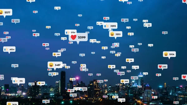 stock image Social media icons fly over city downtown showing people reciprocity connection through social network application platform . Concept for online community and social media marketing strategy .