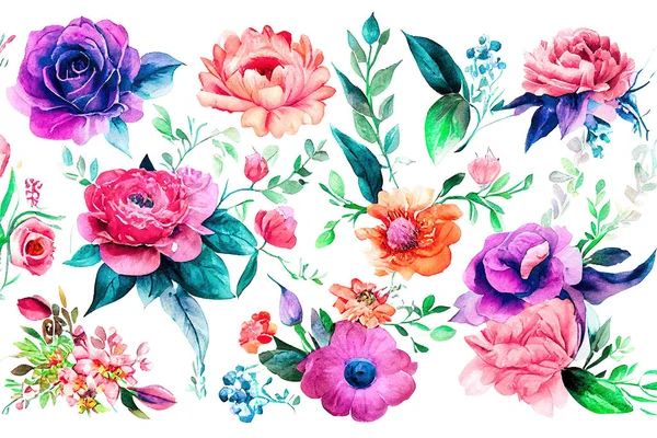 Ramo Flores Conjunto Acuarela Piezas Diseño Obras Arte Primavera Verano —  Fotos de Stock
