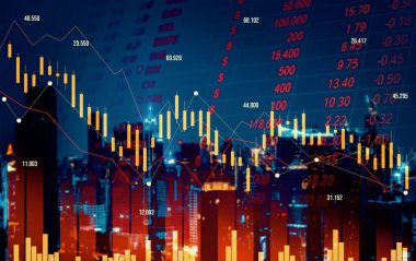 Economic crisis concept shown by declining graphs and digital indicators overlap modernistic city background. Double exposure.