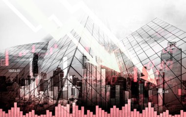 Economic crisis concept shown by digital indicators and graphs falling down with modernistic urban, city area. Double exposure. Stock market crash concept.