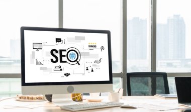 Model e-ticaret için SEO arama motoru optimizasyonu ve bilgisayar ekranında gösterilen çevrimiçi perakende işi