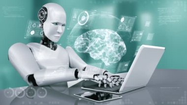 Robot hominoid use laptop and sit at table in concept of AI thinking brain , artificial intelligence and machine learning process for the 4th fourth industrial revolution . 3D rendering.