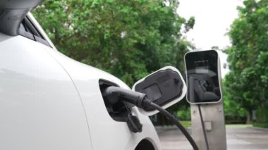 Elektrikli araba parkı ve şarj istasyonunun yanında şarj edilen enerji konseptinin sürdürülebilirliği. Çevresel koruma için yenilenebilir enerji tarafından kullanılan elektrikli araç.