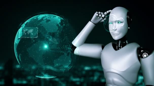 Thinking Hominoid Robot Analyzing Hologram Screen Shows Concept Network Global — Vídeos de Stock