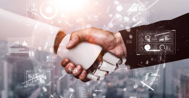 3D rendering hominoid robot handshake to collaborate future technology development by AI thinking brain, artificial intelligence and machine learning process for 4th industrial revolution.