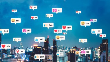 Social media icons fly over city downtown showing people reciprocity connection through social network application platform . Concept for online community and social media marketing strategy . clipart