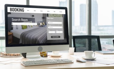 Çevrimiçi otel konaklama rezervasyon sitesi mod rezervasyon sistemi sağlar. Seyahat teknolojisi kavramı .