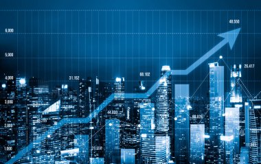 Financial graphs and digital indicators overlap with modernistic urban area, skyscrabber for stock market business concept. Double exposure.