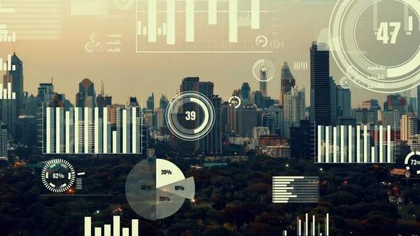 Business Data Analytické Rozhraní Létat Nad Chytrým Městem Ukazuje Změnu — Stock fotografie