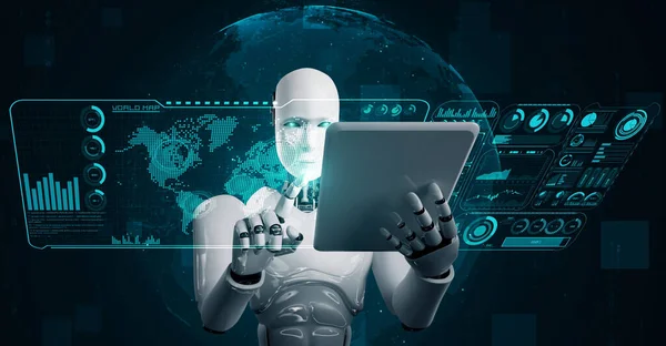 Robot Hominoid Using Tablet Computer Global Network Connection Using Thinking — Stockfoto