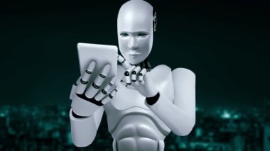 Robot hominoid use mobile phone or tablet for big data analytic using AI thinking brain , artificial intelligence and machine learning process for the 4th fourth industrial revolution . 3D rendering.