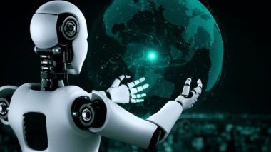 Futuristic robot artificial intelligence huminoid AI programming coding technology development and machine learning concept. Robotic bionic science research for future of human life. 3D rendering.