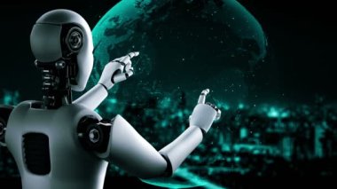 AI robot huminoid uses cloud computing technology to store data on online server . Futuristic concept of cloud information storage analyzed by machine learning process . 3D rendering .