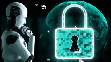 AI robot huminoid uses cloud computing technology to store data on online server . Futuristic concept of cloud information storage analyzed by machine learning process . 3D rendering .