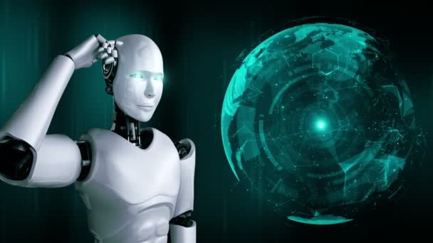 Thinking Hominoid Robot Analyzing Hologram Screen Shows Concept Network Global — Αρχείο Βίντεο