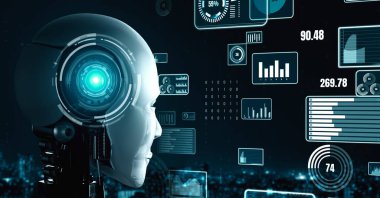 Future financial technology controll by AI robot huminoid uses machine learning and artificial intelligence to analyze business data and give advice on investment and trading decision . 3D rendering .