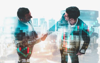 Ekonomik refah ve para teknolojisinin varlık geçmişi üzerine iş tokalaşması. Değerli borsaya yatırım yaparak ekonomik ve finansal büyüme ile refah kar birimi ticareti elde edilir