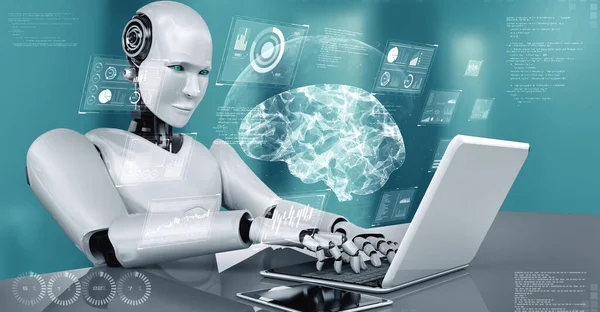 stock image Robot hominoid use laptop and sit at table in concept of AI thinking brain , artificial intelligence and machine learning process for the 4th fourth industrial revolution . 3D rendering.