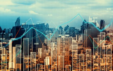 Financial graphs and digital indicators overlap with modernistic urban area, skyscrabber for stock market business concept. Double exposure.