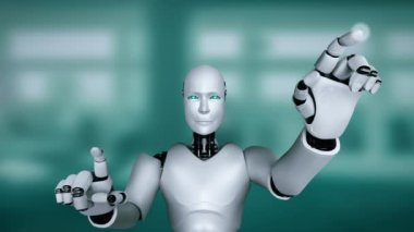 AI hominoid robot touching virtual hologram screen showing concept of big data analytic using artificial intelligence thinking by machine learning process. 3D rendering.