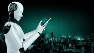 Future financial technology controll by AI robot huminoid uses machine learning and artificial intelligence to analyze business data and give advice on investment and trading decision . 3D rendering .