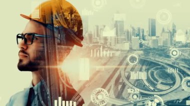 Gelecekteki bina inşaatı ve HUD hologram grafik tasarımı ile yaratıcı mühendislik projesi konsepti. İnşaat mühendisi, mimar ya da inşaat işçisi modern sivil teknoloji ile çalışıyor..