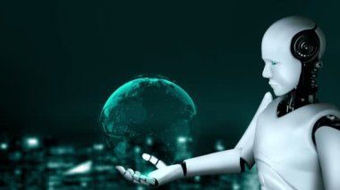 AI robot huminoid uses cloud computing technology to store data on online server . Futuristic concept of cloud information storage analyzed by machine learning process . 3D rendering .