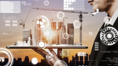 Yenilikçi mimari ve yaratıcı inşaat mühendisliği inşaat projesi. Mimar, işçi ve mühendis tarafından yapılan yaratıcı grafik tasarımı altyapı şehir binası kavramını gösteriyor.