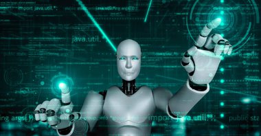 Futuristic robot artificial intelligence huminoid AI programming coding technology development and machine learning concept. Robotic bionic science research for future of human life. 3D rendering.
