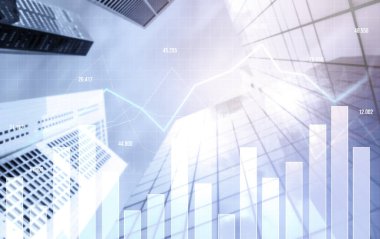 Financial graphs and digital indicators overlap with modernistic urban area, skyscrabber for stock market business concept. Double exposure.
