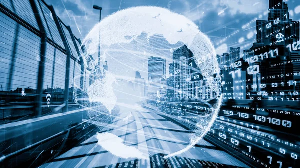 stock image Smart transportation in tacit futuristic city with online traffic control system . Concept of smart digital transformation and technology disruption that changes global trends in new information era .