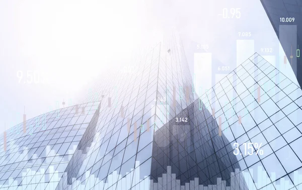 stock image Financial graphs and digital indicators overlap with modernistic urban area, skyscrabber for stock market business concept. Double exposure.