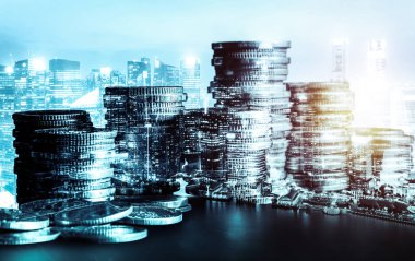 Finans ve para teknolojisi iş refahı ve varlık yönetimi kavramı. Yaratıcı grafik, refah karı elde etmek için değerli varlıklara yatırım yaparak ekonomi ve mali büyümeyi gösteriyor .