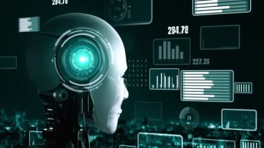 Future financial technology controll by AI robot huminoid uses machine learning and artificial intelligence to analyze business data and give advice on investment and trading decision . 3D rendering .