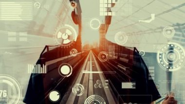 Gelecekteki bina inşaatı ve HUD hologram grafik tasarımı ile yaratıcı mühendislik projesi konsepti. İnşaat mühendisi, mimar ya da inşaat işçisi modern sivil teknoloji ile çalışıyor..