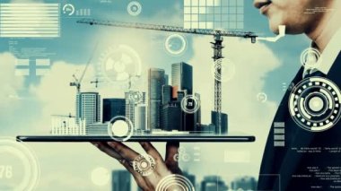 Yenilikçi mimari ve yaratıcı inşaat mühendisliği inşaat projesi. Mimar, işçi ve mühendis tarafından yapılan yaratıcı grafik tasarımı altyapı şehir binası kavramını gösteriyor.