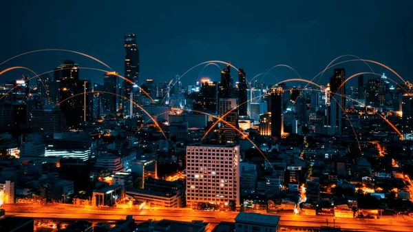stock image Smart digital city with connection network reciprocity over the cityscape . Concept of future smart wireless digital city and social media networking systems that connects people within the city .