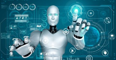AI hominoid robot touching virtual hologram screen showing concept of big data analytic using artificial intelligence thinking by machine learning process. 3D rendering.