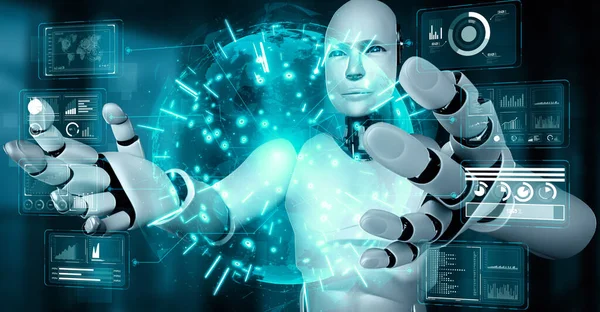 Hominoid Robot Holding Virtual Hologram Screen Showing Concept Big Data — ストック写真
