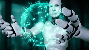 AI hominoid robot holding virtual hologram screen showing concept of big data analytic using artificial intelligence thinking by machine learning process. 3D rendering.