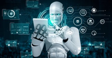 Robot hominoid use mobile phone or tablet for big data analytic using AI thinking brain , artificial intelligence and machine learning process for the 4th fourth industrial revolution . 3D rendering.
