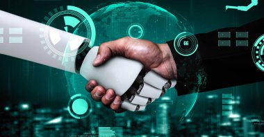 Futuristic robot artificial intelligence huminoid AI for industrial factory technology development and machine learning concept. robotic bionic science research for future of human life. 3D rendering.