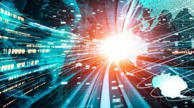 Fütürist küresel ağ ve dijital veri transferi 3D grafik. Yeni bilgi çağındaki küresel eğilimleri değiştiren akıllı dijital dönüşüm ve teknoloji bozulması kavramı .