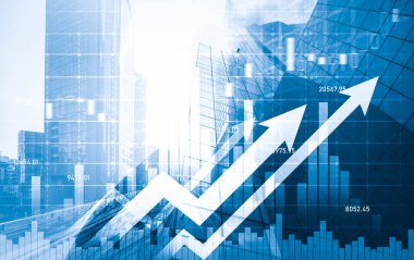 Stock market business concept. Financial graphs and digital indicators with modernistic urban area and skyscrapers as background. Double Exposure.