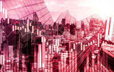Stock market crash, declined economic, graph falling down and digital indicators overlaps modernistic city. Double exposure.