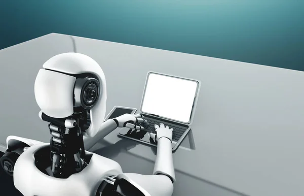 Humanoide Robot Usa Computadora Portátil Sienta Mesa Oficina Futura Mientras —  Fotos de Stock