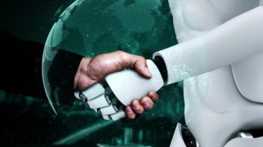 3 boyutlu robot el sıkışması ve borsa alım satım grafiği yapay zeka ve makine öğrenme sürecinin AI tarafından alınan ve satılan kararını gösteriyor..